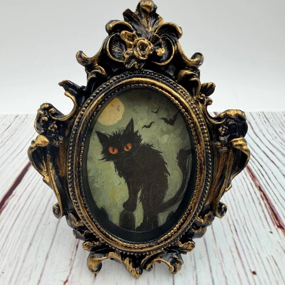Gothic Black Cat Art Decoupage Ornate Gold Black Resin Frame Spooky Decor 4.75in